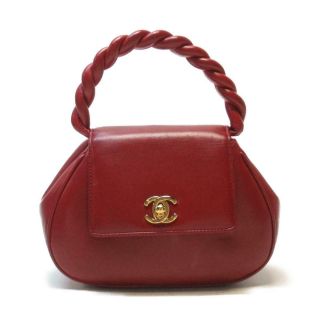 Auth Chanel Top Handle Flap Bag Tote Handbag Red Leather Vintage