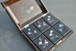 Chinese Black Laquer And Mother Of Pearl Inlaid Games Box And 134 Mop Counters