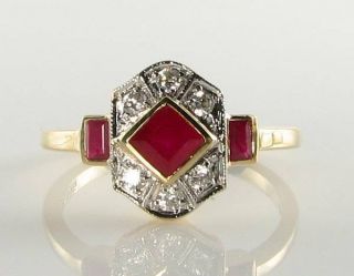 Divine 9k 9ct Gold Blood Red Ruby & Diamond Art Deco Ins Ring Resize