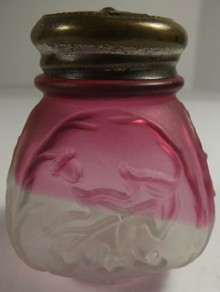 Antique Northwood Glass Satin Rubina Royal Oak Salt Shaker W/ Embossed Leaves