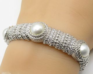 Judith Ripka 925 Silver - Vintage Pearl & Cz Bali Design Cuff Bracelet - B3363