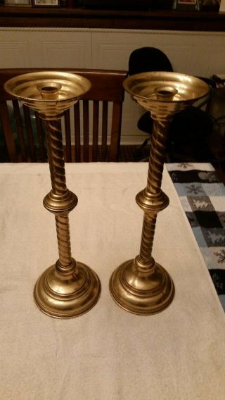 Matching Antique Brass Candle Holders - 18 Inches High - Spiral Design