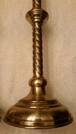 MATCHING ANTIQUE BRASS CANDLE HOLDERS - 18 INCHES HIGH - SPIRAL DESIGN 2