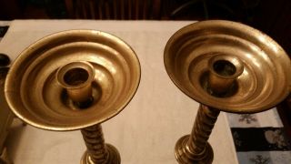 MATCHING ANTIQUE BRASS CANDLE HOLDERS - 18 INCHES HIGH - SPIRAL DESIGN 5