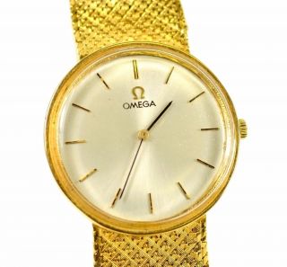 Vintage Omega 18k Yellow Gold Mesh Round 31mm Flat Silver Dial Watch 69 Grams