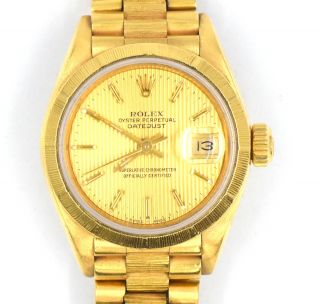 Vintage Rolex Ladies Datejust 6927 18k Yellow Gold Bark Finish Chronometer Cert