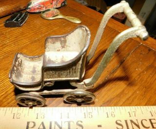 Vintage Possibly Hubley Or Arcade Cast Iron Baby Buggy Stroller Toy