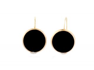 Vintage 14k Yeallow Gold Round Black Onyx Mid Century Modern Circle Earrings