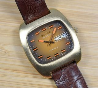 Vintage Bulova 23 Jewel Automatic Gold Plated Day Date Watch W/ Leather