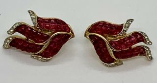 Trifari Alfred Philippe Invisibly Set Ruby Leaf Clip Earrings