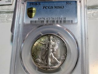 1918 - S Walking Liberty Half Dollar 50c Toned Pcgs Ms63 Rare Us Coin.
