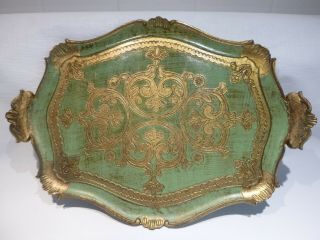 Florentine Wooden Italy Hand Painted Green Gold Tray Platter Rectangular Décor