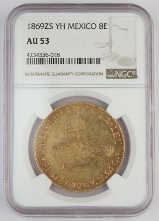 Mexico 1869 Zs Yh 8 Escudos Gold Coin Ngc Au53 Choice Au Km - 383.  11 Fr - 75 @rare@