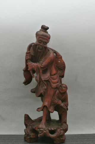 Vintage Chinese Hand Carved Rosewood Statue Of A Fisherman & Child