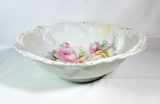 Antique German Porcelain Scalloped Bowl Hand Painted Pink Rose 11 "