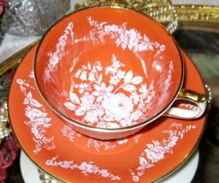 Aynsley Tea Cup And Saucer White Enamel Rose Floral Orange Teacup Set