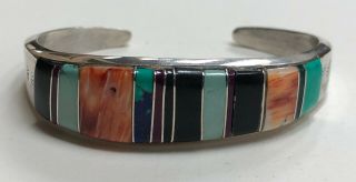 Vintage Navajo Indian Sterling Silver & Multiple Stone Raised Inlay Bracelet