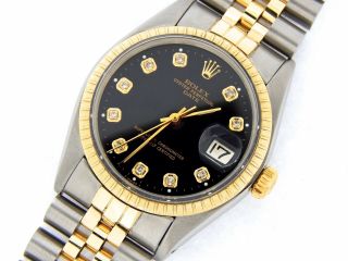 Rolex Date 1505 Mens Stainless Steel & Yellow Gold Watch Black Diamond Dial