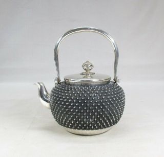 F621: High class Japanese teakettle of pure silver 603 g w/stamp and signed box 2