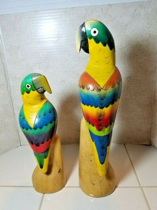 2 Hand Carved Painted Balsa Wood Tropical Parrot Figurines Tiki 18 & 13 Inches