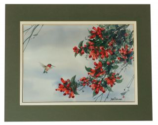 Vintage Jade Fon Watercolor Painting Hummingbird Red Flowers California Artist