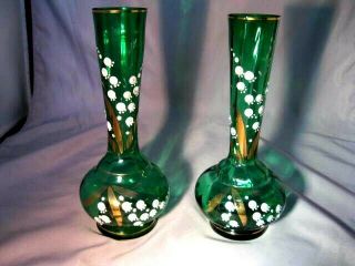 Pair 9 " Green Glass Vases W/ White Lily Of The Valley & Gold Enameled Decoration