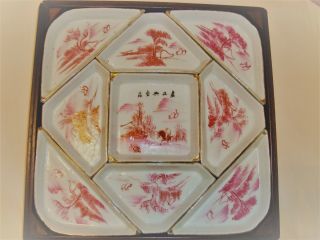 Antique Chinese Porcelain Glaze Sweet Meat Dish Set By 袁义兴 Early 20th Century