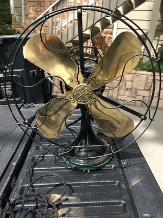 Vtg Antique Ge Aou Brass Blade Fan 3 Speed Oscillating (motor Not)
