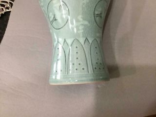 OLD KOREAN CELADON PORCELAIN VASE CRANE BIRDS CLOUDS SIGNED NR 6