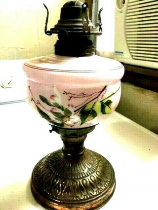 Antique/vintage Oil/kerosene Hurricane Lamp Base Pink Flowers Glass W/ Cooper