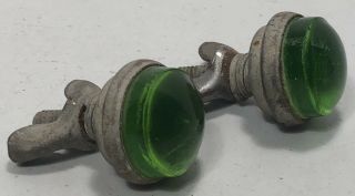 Vintage Antique Motorcycle Green License Plate Glass Jewel Reflector Pair Harley 3