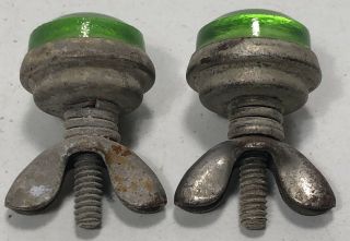 Vintage Antique Motorcycle Green License Plate Glass Jewel Reflector Pair Harley 4