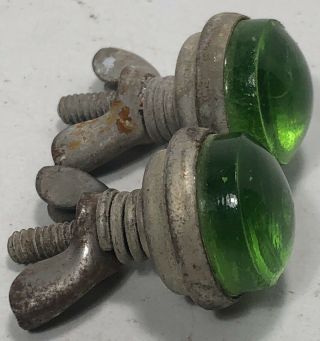 Vintage Antique Motorcycle Green License Plate Glass Jewel Reflector Pair Harley 5