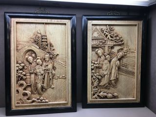 Vintage Chinese Asian Framed Wood Carving High Relief Plaques Wall Decor