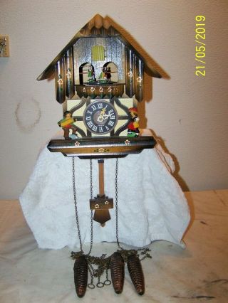 Vintage Black Forest Musical Dancing Albert Schwab Cuckoo Hanging Clock Germany