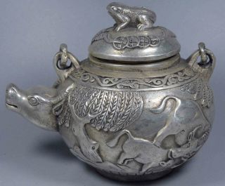 Collectable Old Noble Miao Silver Carve Cattle Scanery Toad Lid Wealthy Tea Pot