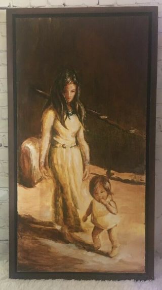 Vintage Native American Indian Mother Child Oil On Wood Painting 18x35