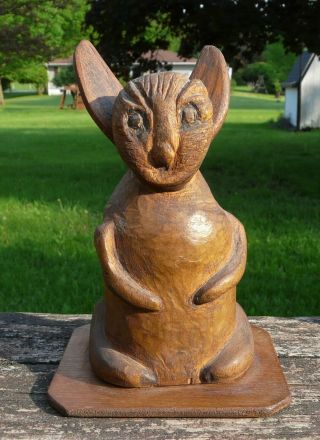Hand Carved Wood Folk Art Animal Statue Rabbit Bunny ? Creepy Weird Odd 6 "