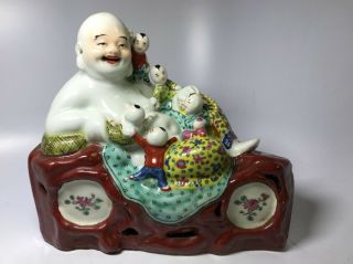 Antique Old Asian Chinese Porcelain Figurine Statue Resting Buddha W/ 5 Children