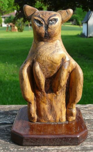 Hand Carved Wood Folk Art Animal Statue Figurine Owl ? Cat ? Creepy Weird Odd 6 "
