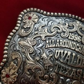 RODEO TROPHY BUCKLE VINTAGE 1996 UVALDE TEXAS ALL AROUND RODEO CHAMPION 45 3