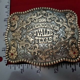 RODEO TROPHY BUCKLE VINTAGE 1996 UVALDE TEXAS ALL AROUND RODEO CHAMPION 45 5