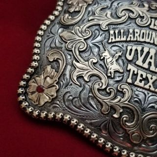 RODEO TROPHY BUCKLE VINTAGE 1996 UVALDE TEXAS ALL AROUND RODEO CHAMPION 45 7