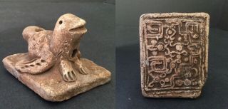 Antique Pre Columbian Pottery Clay Effigy Bird Whistle W/ Stamp Seal Base - 3 "