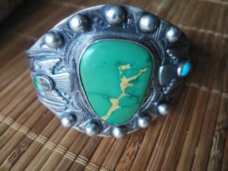 Antique Vintage Native Sterling Silver Navajo Pawn Turquoise Cuff Bracelet
