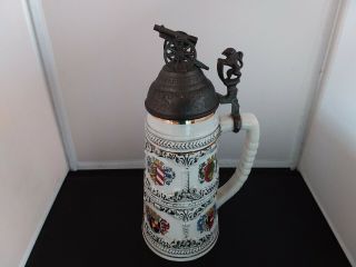 Vintage Crest Stein With Canon And Lion On Lid Stamped Japan