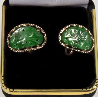 Antique Chinese Carved Jadeite Jade Silver Earrings C.  1900’s