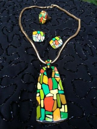 Vintage Eisenberg Enameled Mosaic " Artist Series " Necklace,  Earrings,  Ring Rare