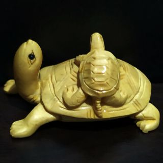 Cq053 - 2 " Hand Carved Boxwood Netsuke Figurine Carving: Turtle Mom And Baby
