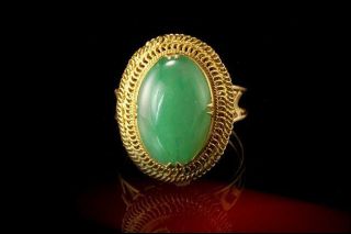 Antique Chinese Apple Green Jade Cabochon 18k Gold Ring A802 - 39
